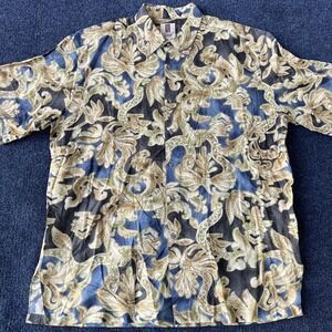 Tori Richard Shirt Mens Large Blue Brown Cotton Lawn Aloha Hawaiian Made USA